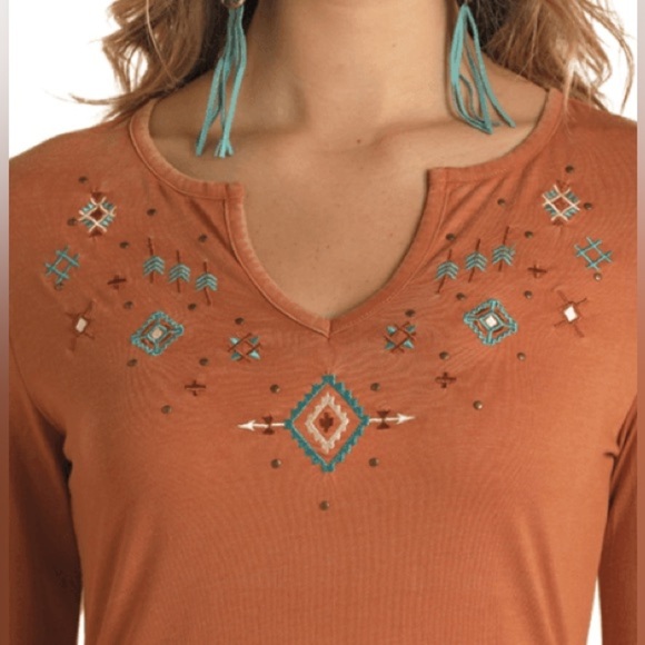 Panhandle Women’s Boho Embroidered western Long Bell Sleeve Top Neutral XXL - Picture 2 of 13